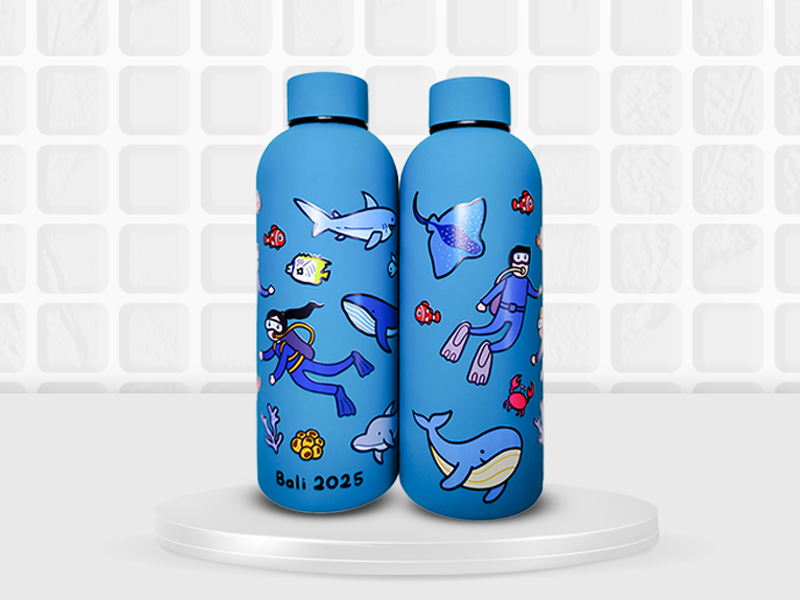 tumbler custom & botol minum custom di cetak dengan UV printing kualitas terbaik dan bisa juga di cetak dengan uv marking